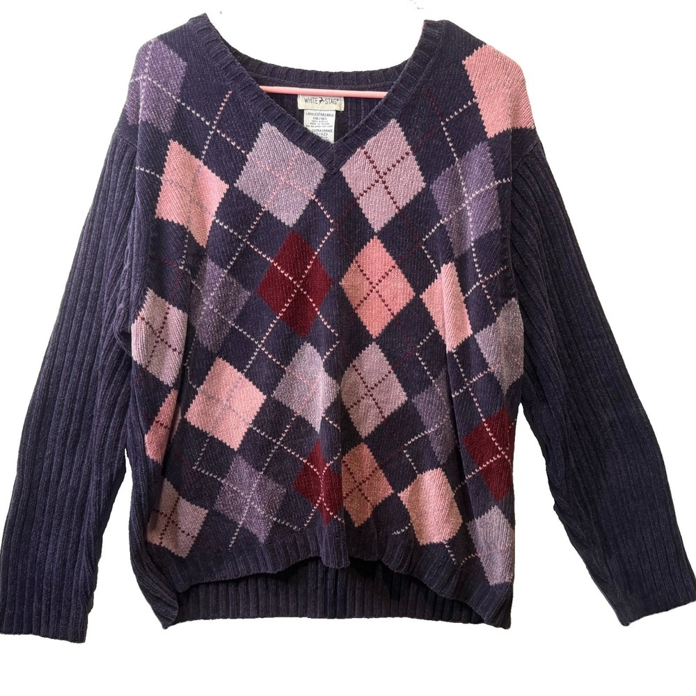 White Stag Vintage Y2K Women's XL Chenille Argyle V Neck Sweater Deep Purple - Picture 2 of 7